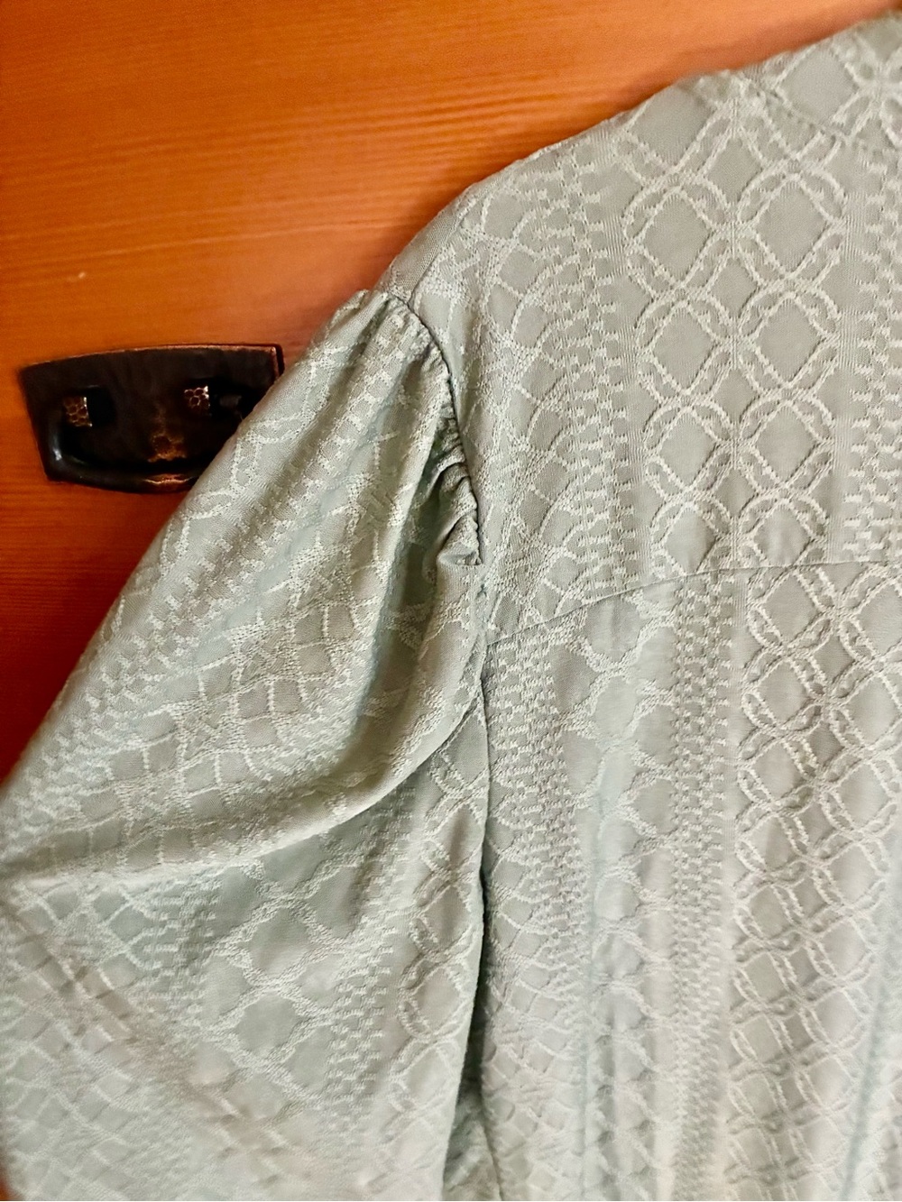 Sage Green Textured Blouse Medium Jacquard Long Sleeve Minimalist Boho Top - Picture 3 of 6